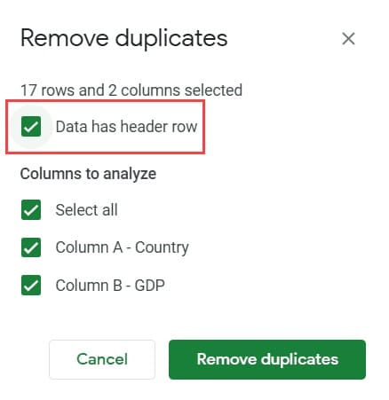 data has header row