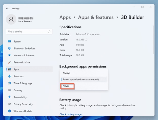 Background apps permission never