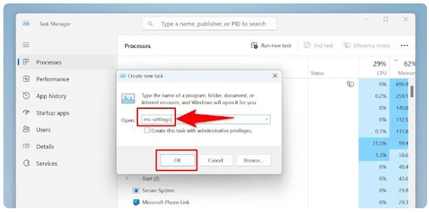 ms setings in dialog box