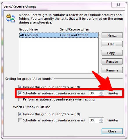 schedule an automatic send receive every n minutes