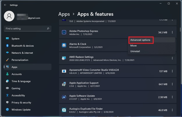 advance option in apps