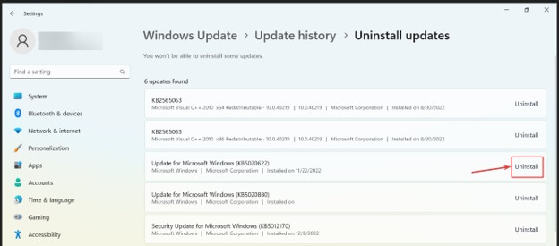 Windows Update uninstall