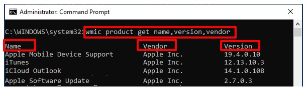 wmic product get name,version,vendor