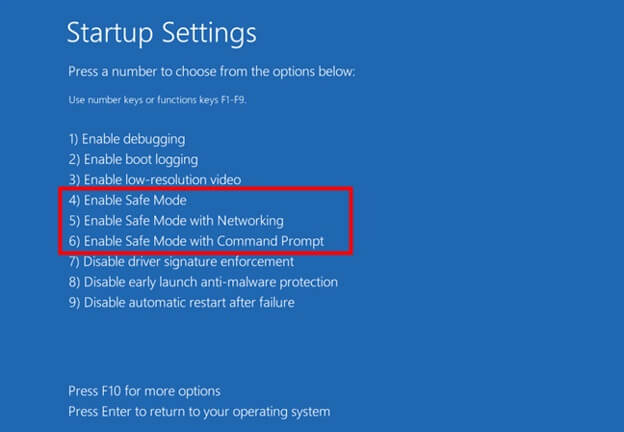 enable safe mode in startup settings
