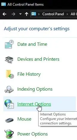 اختر خيارات الإنترنت