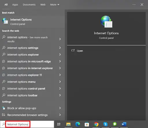 اختر خيارات الإنترنت في بحث Windows