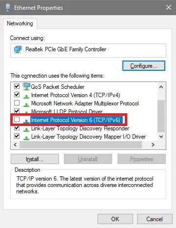 uncheck the option for the IPv6 protocol